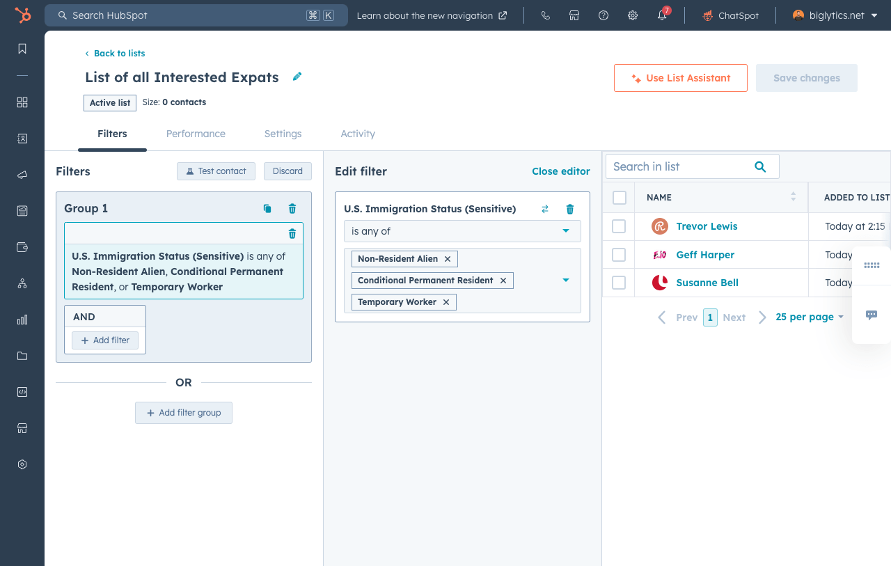 sensitive data user interface showing list segmentation